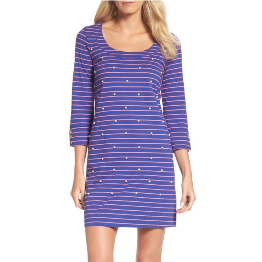 Lilly Pulitzer Merrit shift dress blue palm stripe beaded stretch scoop neck XS